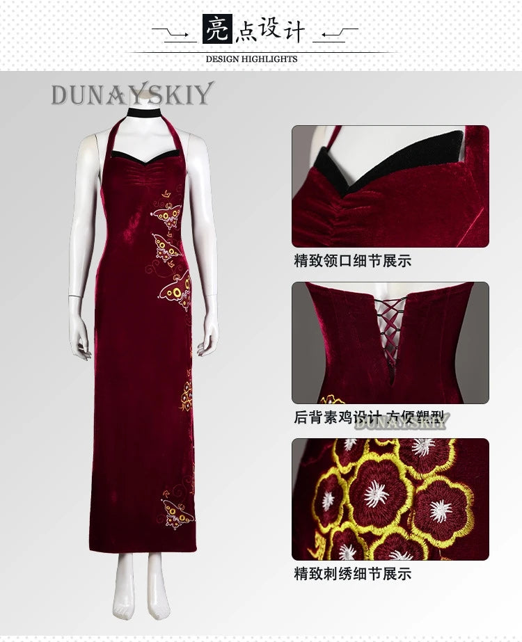 EtherealBe Resident Evil Ada Wong cosplay costume in burgundy with elegant floral designs and halter neck style