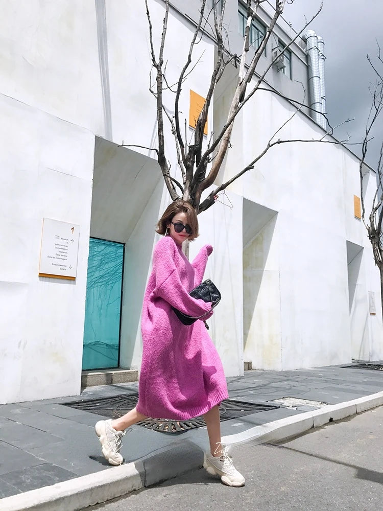 Winter Women Dress Fall Sweater Women Dress Long Sleeve Knitted Dresses Maxi Vintage Oversize Dresses Knitting Thick Warm Purple