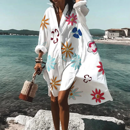 Beach Dress Bikini Cover-Up Women 2025 Bohemian Printed Beachwear Robe V-Neck Long Sleeve Swim Wear Cover Ups Loose Sundress