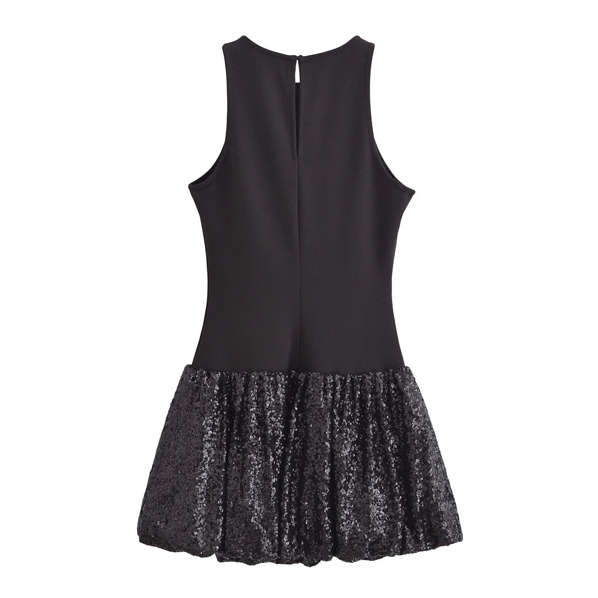 EtherealBe sleeveless chic cocktail dress with a fitted bodice and sequined flared skirt