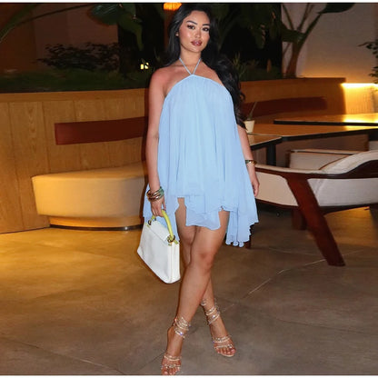 Elegant Halter Ruffles Short Dress Women Loose Solid Strapless Sleeveless Backless Dresses 2025 Summer Lady Beach Vacation Robes
