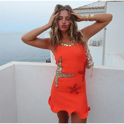 Prined Casual Women Star Mini Dress Fashion Sling Sleeveless Backless Pleat High Waist Robe 2025 New Female Beach Vacation Wear