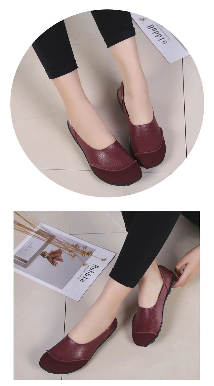 Women's shoes casual flat walking low heel loafers leather solid color large size casual single shoe work shoes44