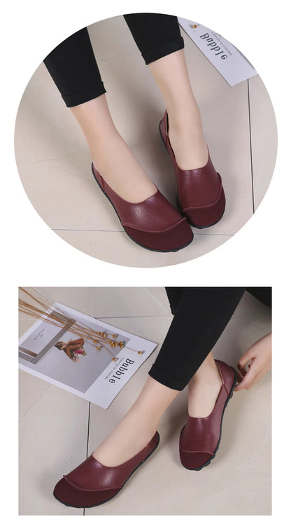Women's shoes casual flat walking low heel loafers leather solid color large size casual single shoe work shoes44
