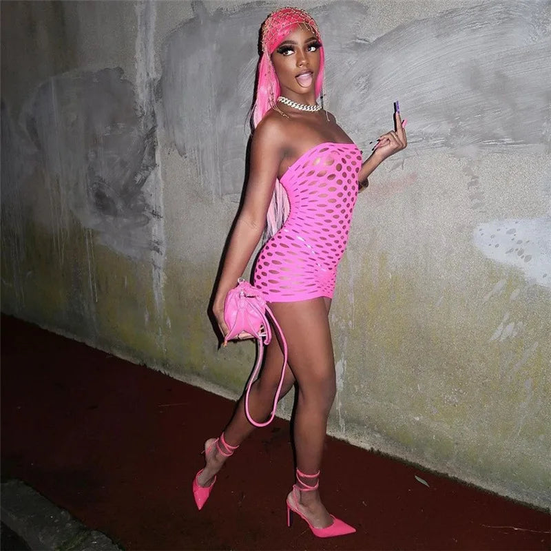 Pink Mini Dress Women Strapless See Through Backless Sleeveless Skinny Vestido Female Party Night Clubwear Mesh Lingerie Dress