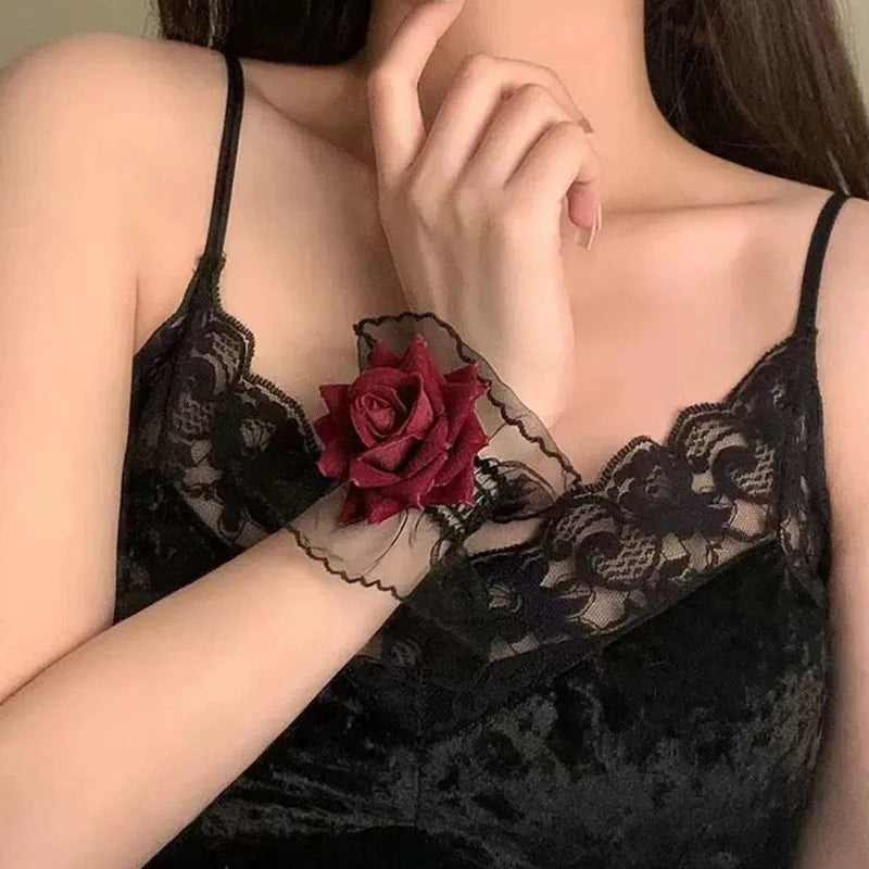 Lolita Short Hand Sleeve Gloves Lace Rose Flower Wrist Cuffs Ruffled Floral Elastic Bracelet Women Cosplay Clothing Wristband