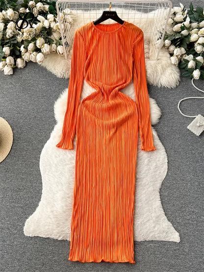 SINGREINY Solid Pleated Long Dress O Neck Full Flare Sleeves HIgh Elastic Female Skinny Fashion Autumn Retro Bodycon Party Dress