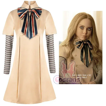 EtherealBe M3GAN cosplay costume for kids featuring a beige dress with striped sleeves