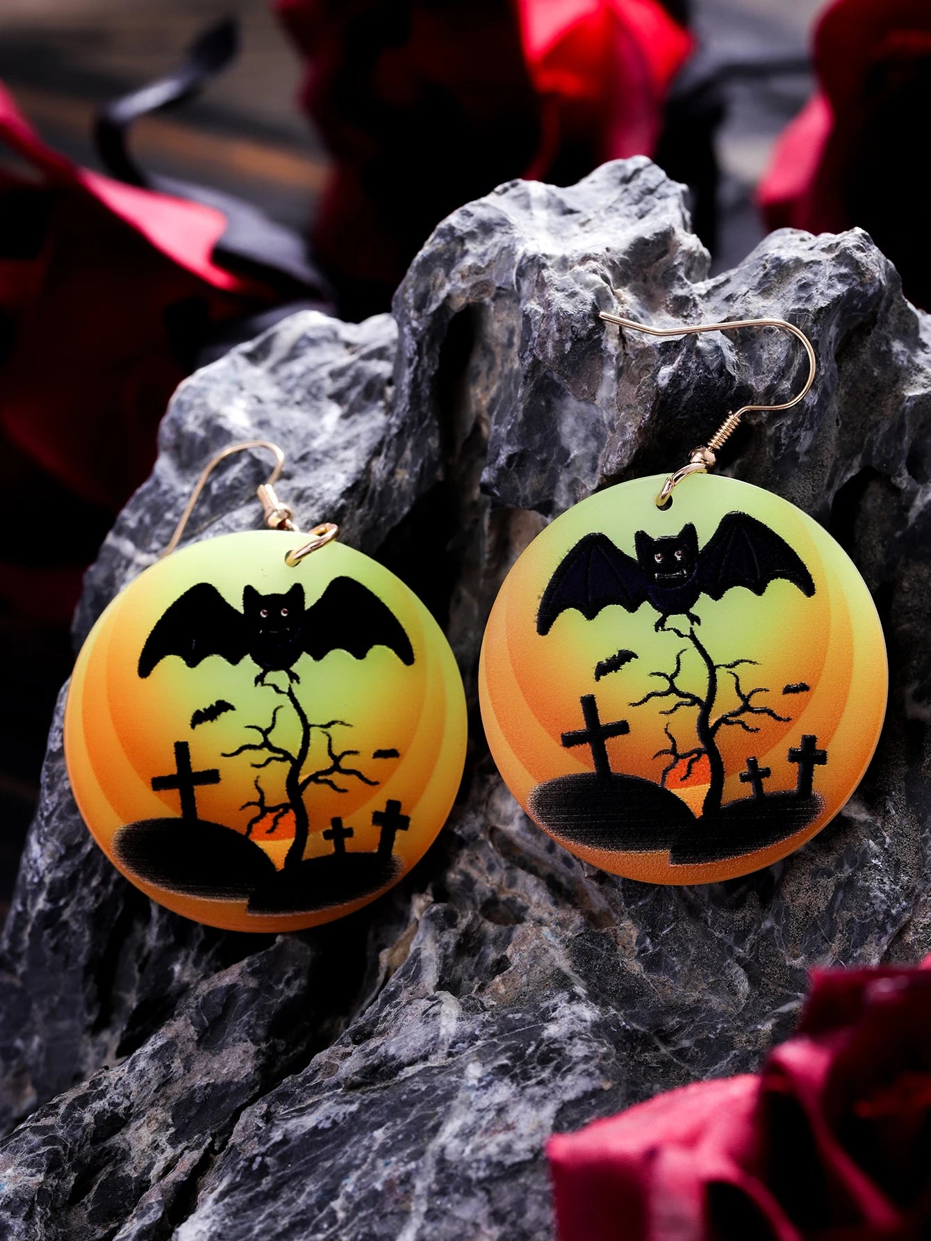 EtherealBe Halloween earrings for women featuring a bat and gravestones design on vibrant round earrings