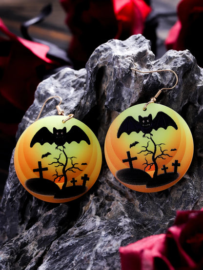 EtherealBe Halloween earrings for women featuring a bat and gravestones design on vibrant round earrings