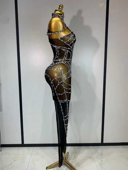 STOCK Sparkly Diamond Women Sexy Mesh Jumpsuit Nightclub Bar Party Show Gogo Dancer Clothing Drag Queen Outfit Stage Costume