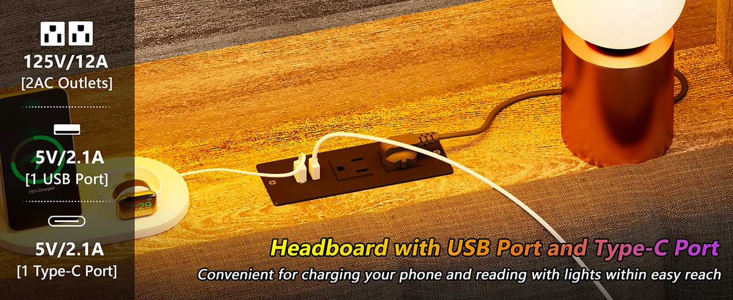 Queen Bed Frame with Storage Bookcase Headboard & LED Lights,Upholstered Bed Frame with USBCharging Station,No Box Spring Needed