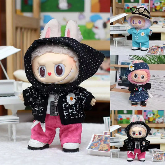 Clothes For Labubu 17cm Outfit Accessories for The Monster Korea Kpop Labubu Idol V1 V2 V3 Clothing GD K-Pop Cool Suit Straw Hat