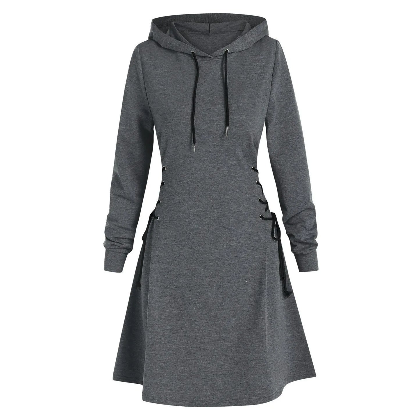 Autumn Women's Hooded Dress Casual Fashion Hoodie Dresses Long Sleeved Side Lace Up Slim Fit Short Dress Solid Color Dress