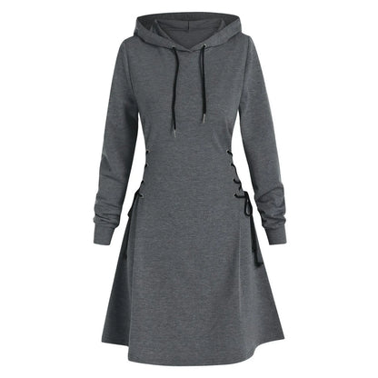 Autumn Women's Hooded Dress Casual Fashion Hoodie Dresses Long Sleeved Side Lace Up Slim Fit Short Dress Solid Color Dress