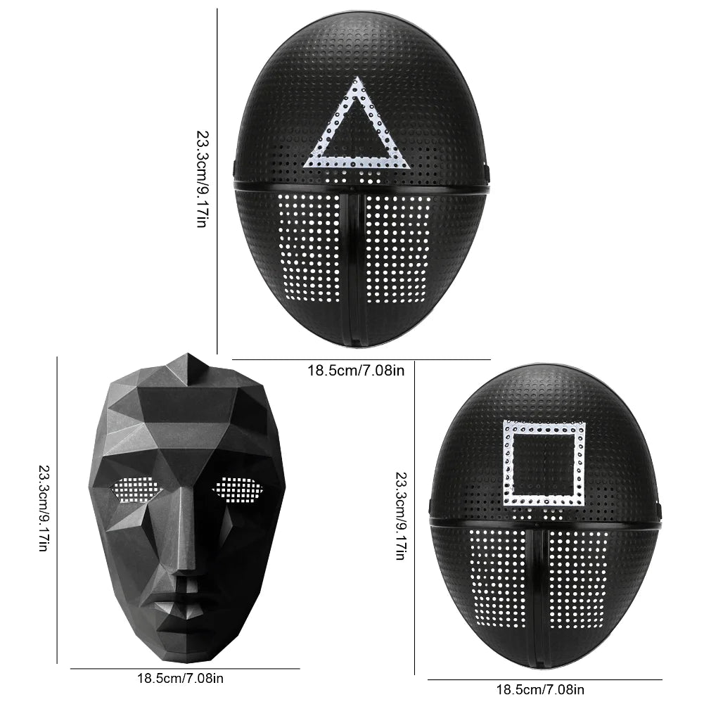 EtherealBe Squid Game Calamari Cosplay Mask featuring geometric designs in black and white
