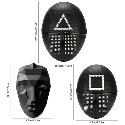 EtherealBe Squid Game Calamari Cosplay Mask featuring geometric designs in black and white