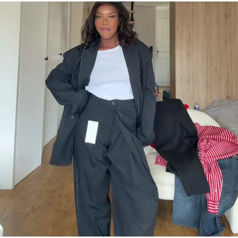 Casual Loose Women's Blazer Pant Suits Lapel Doube-Breasted Top Straight Pants Lady Set 2025 Autumn New 2 Pieces Set Women