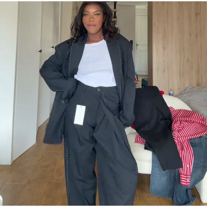 Casual Loose Women's Blazer Pant Suits Lapel Doube-Breasted Top Straight Pants Lady Set 2025 Autumn New 2 Pieces Set Women