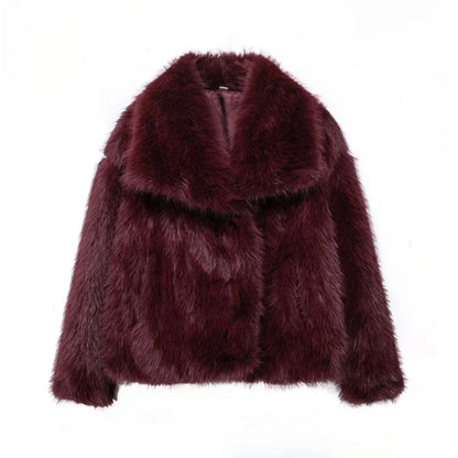 HH Winter Women Elegant Warm Plush Coat Turn-Down Collar Thick Cardigan Coat Female Pocket Long Sleeve Short Outerwear Mujer