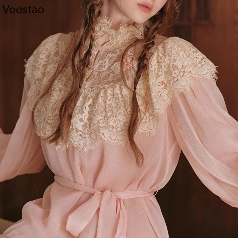 France Style Elegant Sweet 2 Piece Set Women Vintage Lace Patchwork Long Sleeve Blouse Top Mesh Skirt Suit Female Lolita Outfits