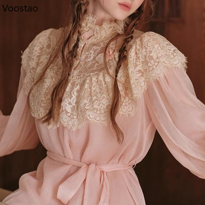 France Style Elegant Sweet 2 Piece Set Women Vintage Lace Patchwork Long Sleeve Blouse Top Mesh Skirt Suit Female Lolita Outfits