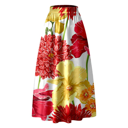 Korean Elegant Bohemian Skirts For Women 2024 Floral Print Maxi Skirt High Waist Pocket Party Beach Long Skirt Ropa De Mujer