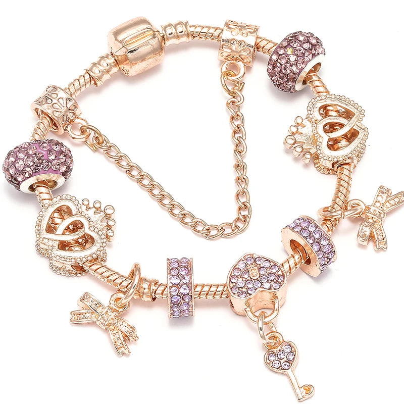Spring Style Charms Bracelets For Women With Snake Chain Pink Daisy DIY Charms Beads Pendants Fashion Jewelry Dropshipping