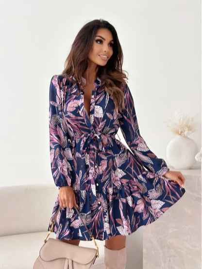 Autumn Long Sleeved Elegant Women's Dress With Plant Floral Print Lantern Sleeves Half Open Collar And Waist Cinching Midi Dress