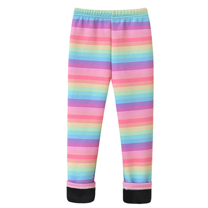 Girls Warm Plush Long Pants for Autumn Spring Cartoon Butterfly Striped Soft Cozy Leggings Fleece-Lined Bottoms Kids Casual Wear