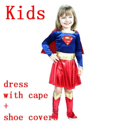 Kids Superwoman dress cosplay costume with cape and shoe covers, perfect for young superheroes