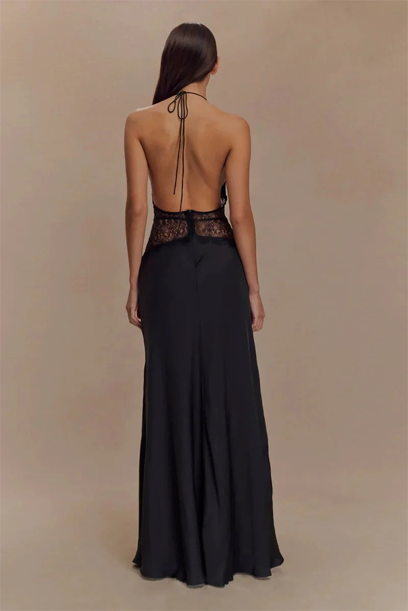 Mozision Summer Backless Sexy Maxi Dress Women Gown Patchwork Lace Halter Deep V Neck Sleeveless High Waist Elegant Long Dress