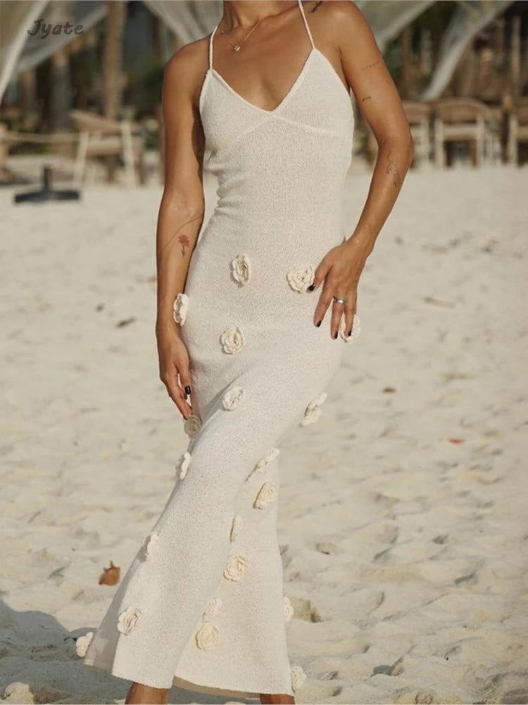 Three-dimensional Flower Knitt Backless Lace Up Vestidos Fashion V-neck Vacation Beach Long Dress Sexy Slim Party Dress 2024 New