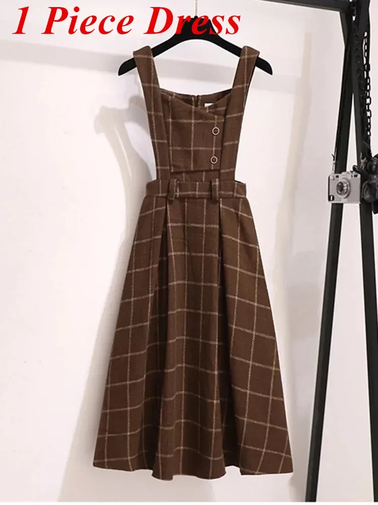 High Quality Fall Winter Women Sweater Overalls Dress Sets Casual Knitted Tops +Plaid Woolen Dress 2 Piece Sets Outfits Female