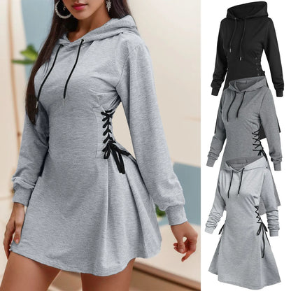 Autumn Long Sleeve Women Lace Up Sweatshirt Dress Fashion Solid Hooded Dresses Vestido Casual Drawstring Dress Streetwear платье