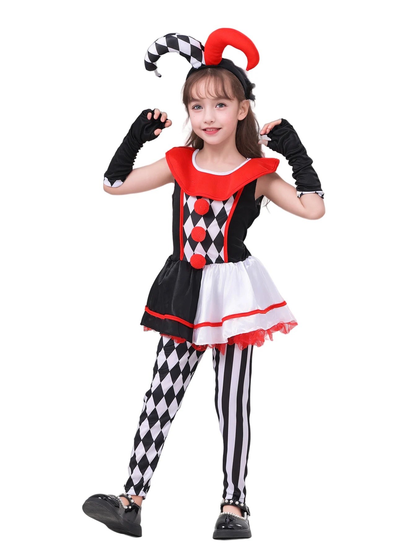 Girls jester clown costume with a colorful harlequin design and playful cuffs for festive occasions