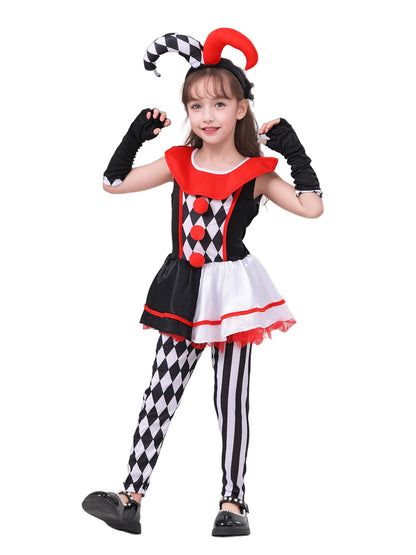 Girls jester clown costume with a colorful harlequin design and playful cuffs for festive occasions