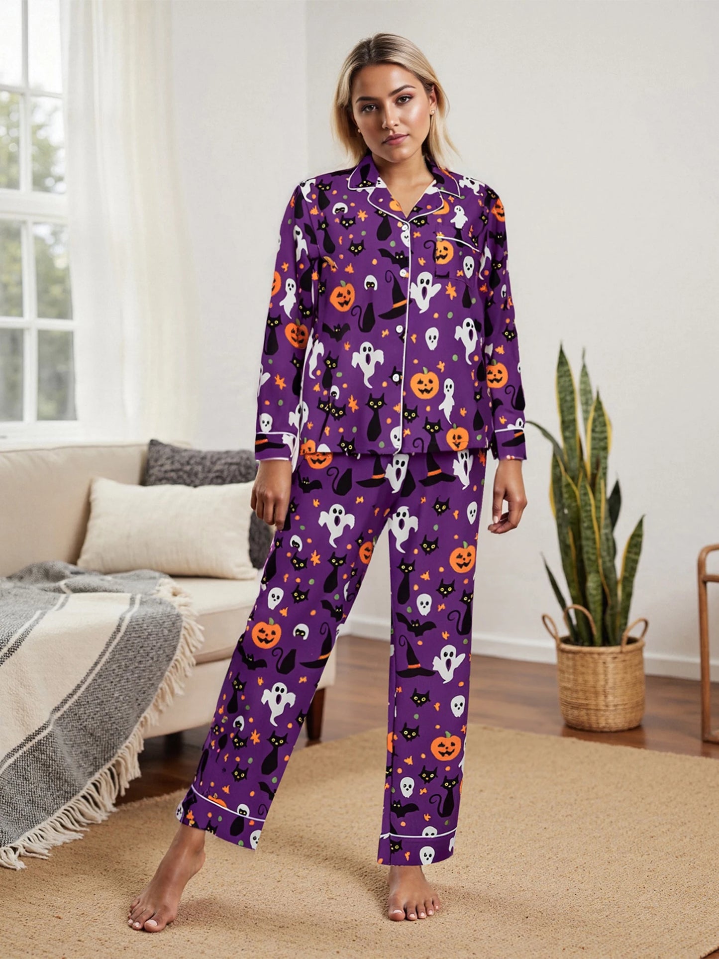 Women Halloween Pajama Set Pumpkin Ghost Long Sleeve Tops + Pants For Nightwear Homewear Casual Wear