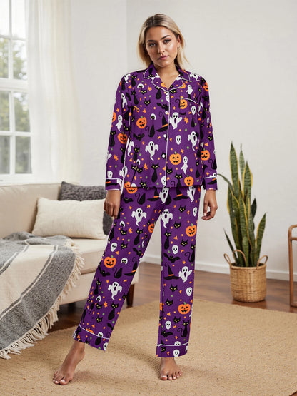 Women Halloween Pajama Set Pumpkin Ghost Long Sleeve Tops + Pants For Nightwear Homewear Casual Wear