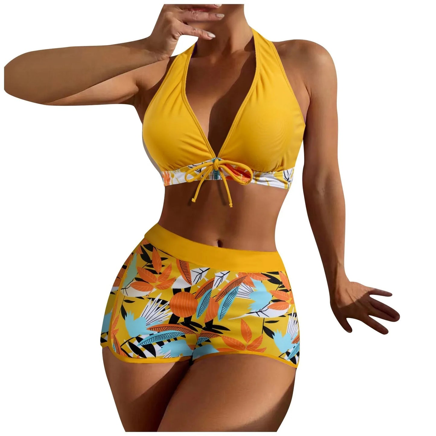 Women's Paneled Printed Swimsuit Ladies Fashion Sexy Split Boxer High Waist Swimsuit Two-Piece Set V-Neck Bathing Suits Female