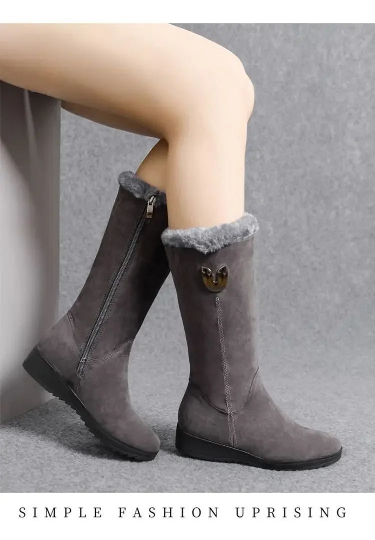 Warm Chelsea High Fur Boots Women 2025 Winter Shoes for Women Chunky Mid-calf Plush Snow Flat Boots ZIP Fashion Botas De Mujer
