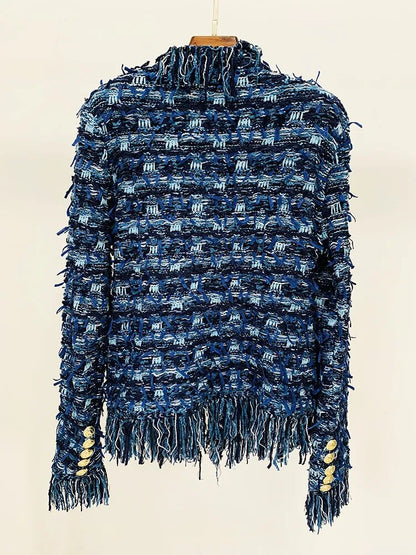 HIGH STREET Newest 2023 Fall Winter Fashion Designer Jacket Women Lion Buttons Embellished Tassel Knit Cardigan