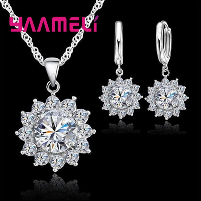 925 Sterling Silver Color Necklace Earrings Jewelry Set Sunflower Flower Shape For Women Females Wedding Party Shiny Gift