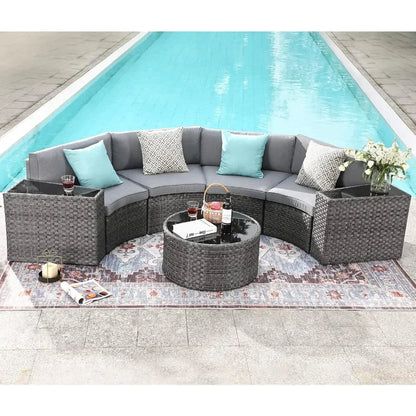 Outdoor Patio Furniture Sectional 7-Piece Half-Moon Curved Outdoor Sofa Set with Round Coffee Table,4 Pillows & Waterproof Cover