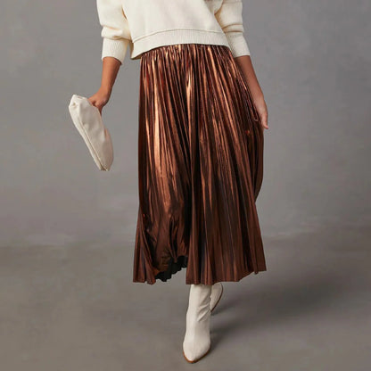 Silver A Line Skirts Hot Stamping Shiny Pleated High Waist Pleated Skirt Anti Permeability Length Autumn Shinny Korean Bottoms