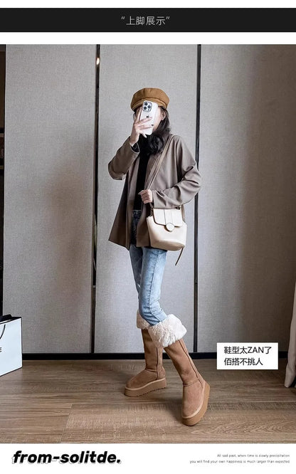Turned-over Edge Knee-high Snow Boots Flat with Slip-on Ladies Shoes 2024 High Quality Round Toe Mid Heel Concise Women's Boots