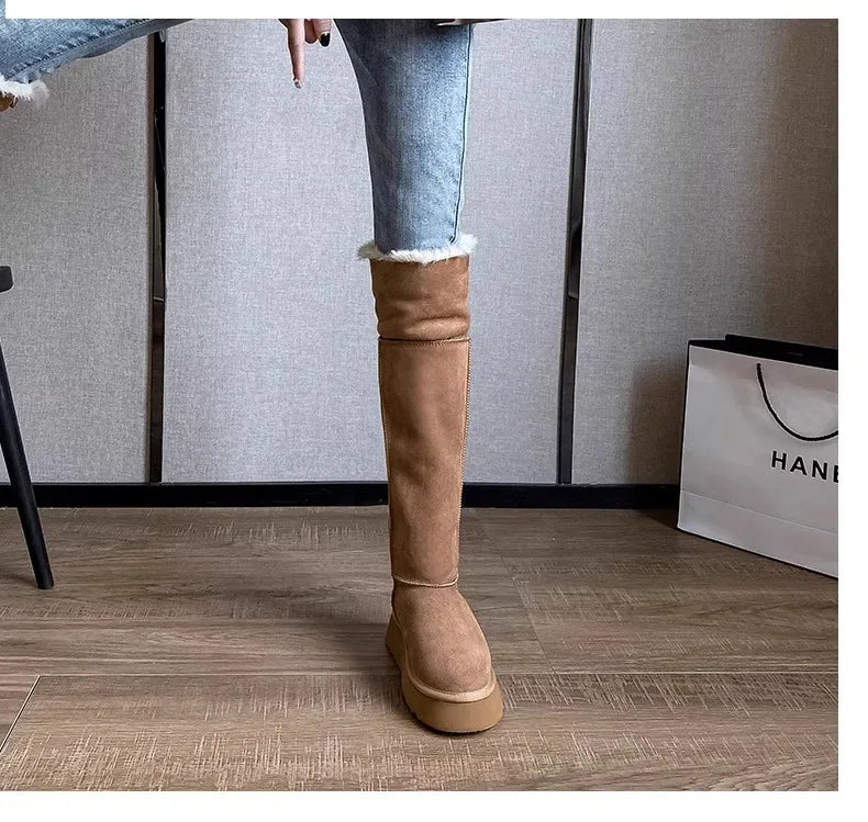 Turned-over Edge Knee-high Snow Boots Flat with Slip-on Ladies Shoes 2024 High Quality Round Toe Mid Heel Concise Women's Boots