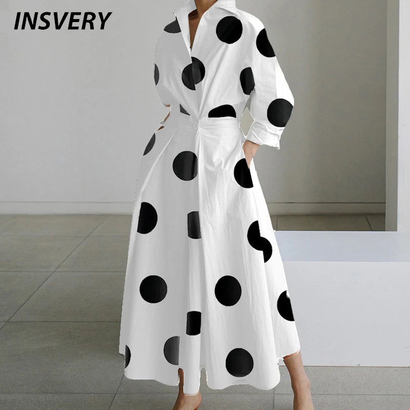 Autumn Maxi Dresses For Women Fashion Turn Down Collar Long Sleeve Party Dress Women Casual Long Dress 2023