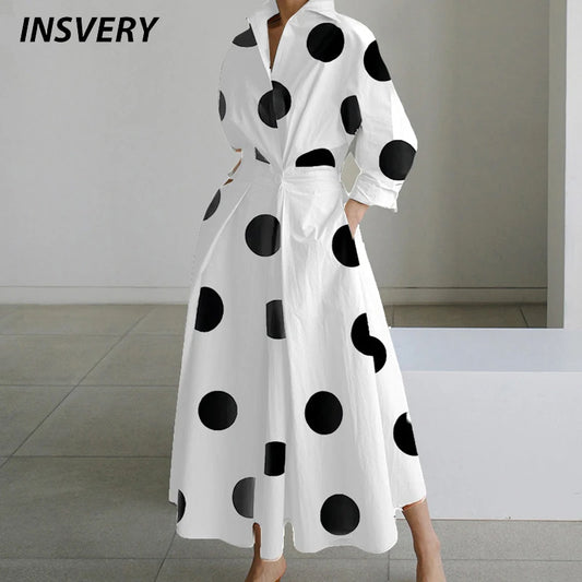Autumn Maxi Dresses For Women Fashion Turn Down Collar Long Sleeve Party Dress Women Casual Long Dress 2023