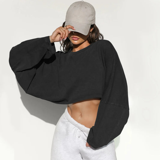 Autumn Winter Women's No Hat Hoodies Fashion O-neck Loose Long Sleeve Pullove Casual Workout Jogger Female Sexy Crop Sweatshirt